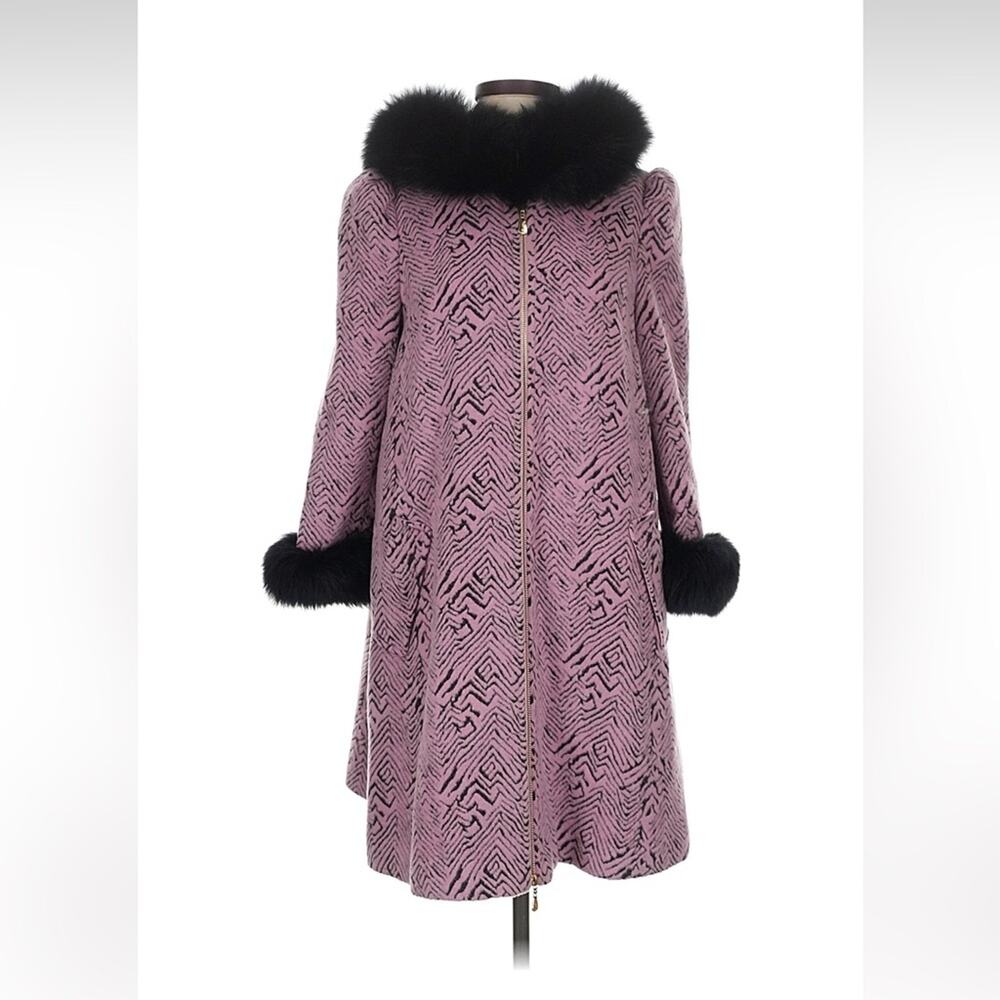D'Modeo designer pink black zig zag fox fur and wool blend coat, 2